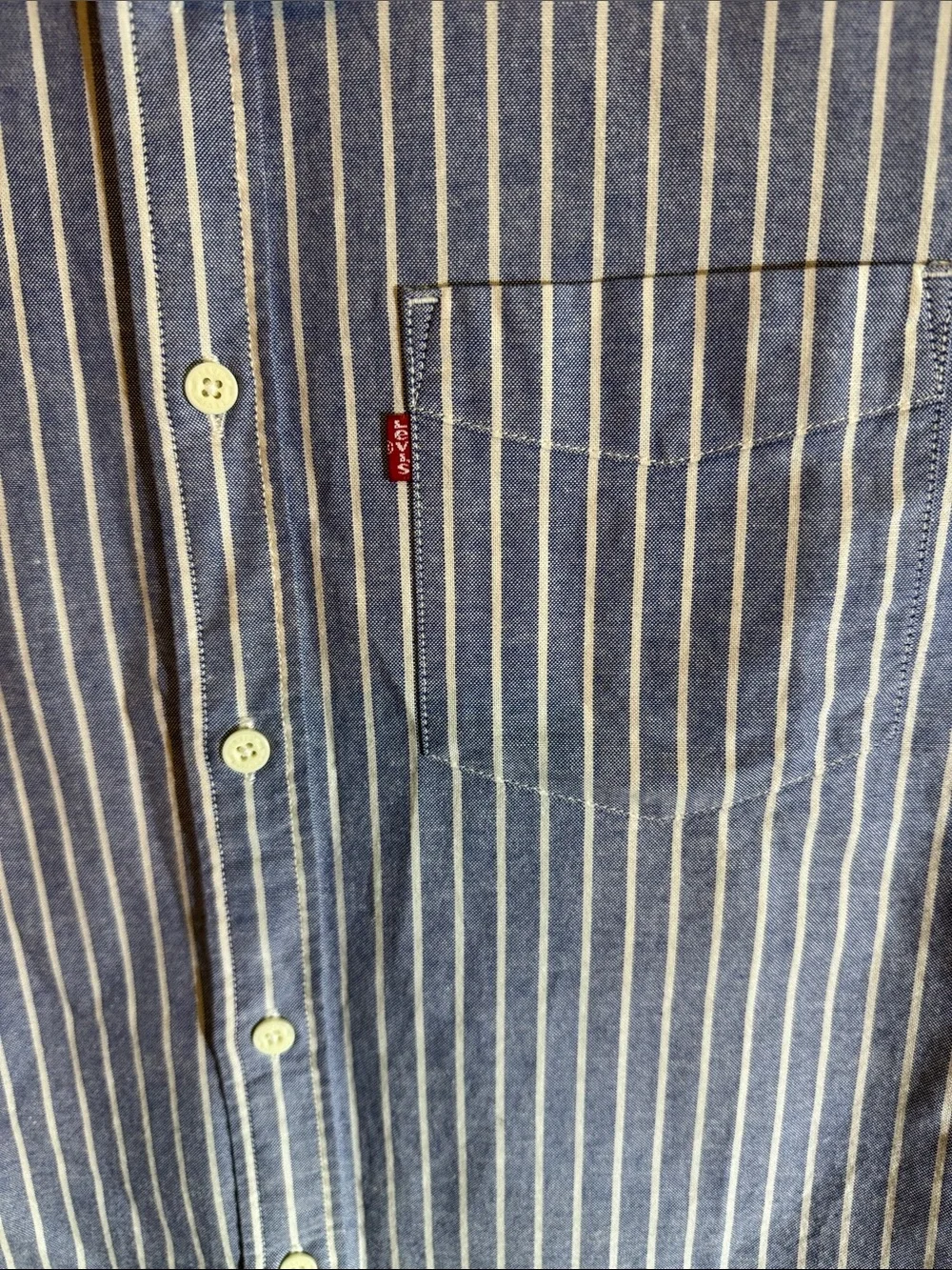 Levi's Blue and White Vertical-Stripe Short Sleeve Button-Down Shirt